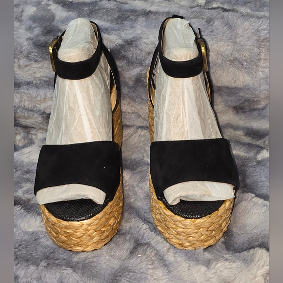 NWT Sam Edelman April Ankle-Strap Raffia-Wedge Sandals Black Size 6.5 - Picture 4 of 11